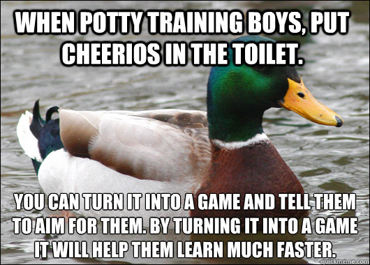 When potty training boys, put Cheerios in the toilet. You can turn it into a game and tell them to aim for them. By turning it into a game it will help them learn much faster. - When potty training boys, put Cheerios in the toilet. You can turn it into a game and tell them to aim for them. By turning it into a game it will help them learn much faster.  Actual Advice Mallard