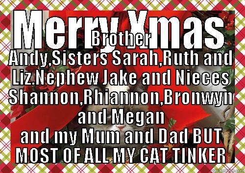 MERRY XMAS BROTHER ANDY,SISTERS SARAH,RUTH AND LIZ.NEPHEW JAKE AND NIECES SHANNON,RHIANNON,BRONWYN AND MEGAN AND MY MUM AND DAD BUT MOST OF ALL MY CAT TINKER merry christmas