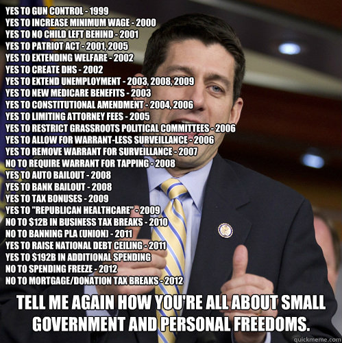 Yes to gun control - 1999
Yes to increase minimum wage - 2000
Yes to no child left behind - 2001
Yes to Patriot Act - 2001, 2005
Yes to extending welfare - 2002
Yes to create DHS - 2002
Yes to extend unemployment - 2003, 2008, 2009
Yes to New Medicare ben  This Guy - Paul Ryan