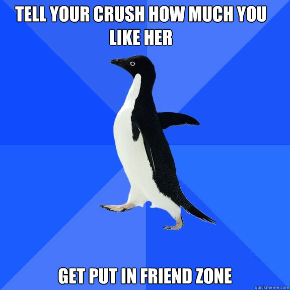 Tell your crush how much you like her Get put in friend zone  Socially Awkward Penguin