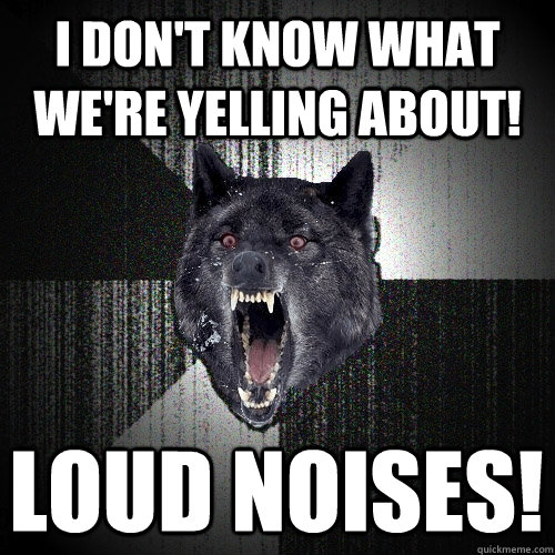 i don't know what we're yelling about! loud noises!  Insanity Wolf