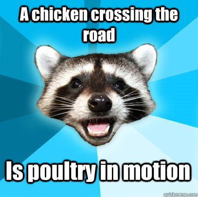 A chicken crossing the road Is poultry in motion  Lame Pun Coon