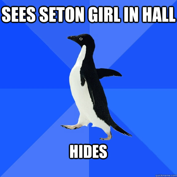 Sees Seton girl in hall  Hides   Socially Awkward Penguin