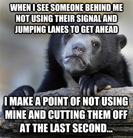 WHEN I SEE SOMEONE BEHIND ME NOT USING THEIR SIGNAL AND JUMPING LANES TO GET AHEAD I MAKE A POINT OF NOT USING MINE AND CUTTING THEM OFF AT THE LAST SECOND...  Confession Bear