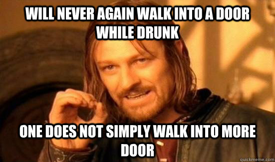 will never again walk into a door while drunk one does not simply walk into more door  Boromir