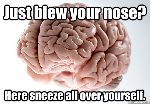 Just blew your nose? Here sneeze all over yourself.  Scumbag Brain