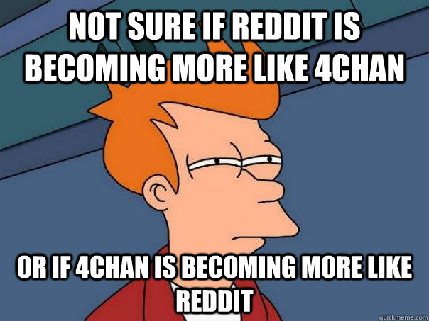 Not sure if reddit is becoming more like 4chan or if 4chan is becoming more like reddit  Futurama Fry