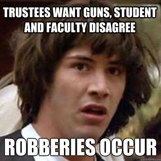 Trustees want guns, Student and faculty disagree Robberies occur - Trustees want guns, Student and faculty disagree Robberies occur  conspiracy keanu