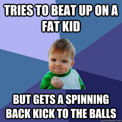 Tries to Beat Up on a fat kid but gets a spinning back kick to the balls  Success Kid