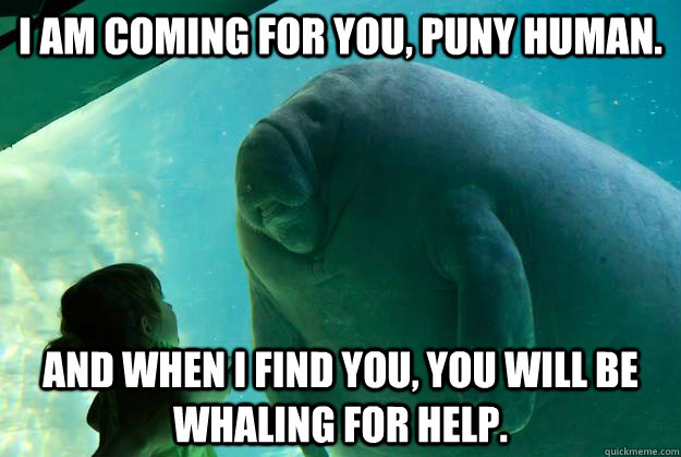 I am coming for you, puny human.  And when I find you, you will be whaling for help. - I am coming for you, puny human.  And when I find you, you will be whaling for help.  Overlord Manatee