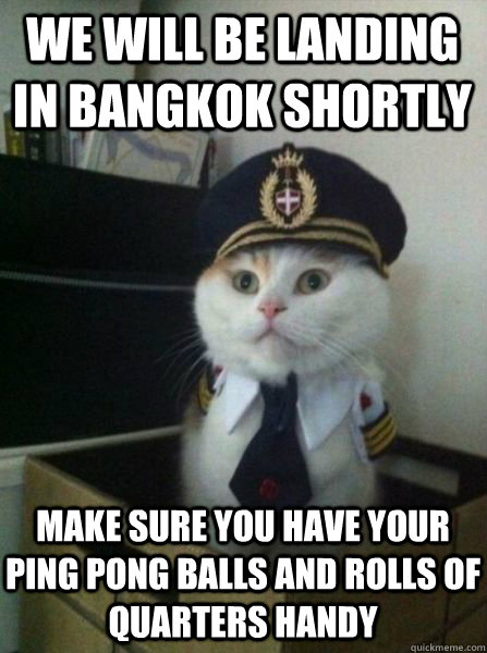 We will be landing in bangkok shortly  make sure you have your ping pong balls and rolls of quarters handy  Captain kitteh