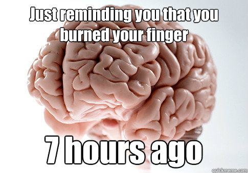 Just reminding you that you burned your finger 7 hours ago   Scumbag Brain