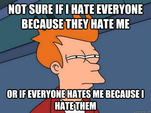 Not sure if I hate everyone because they hate me Or if everyone hates me because I hate them - Not sure if I hate everyone because they hate me Or if everyone hates me because I hate them  Futurama Fry