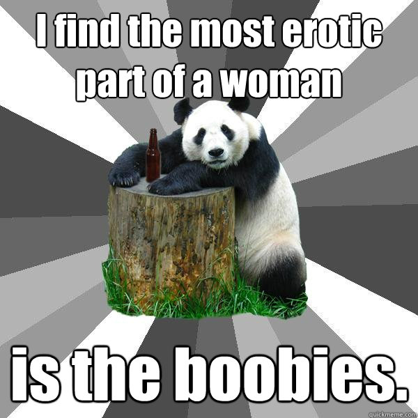 I find the most erotic part of a woman is the boobies.  Pickup-Line Panda