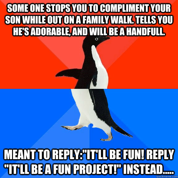 Some one stops you to compliment your son while out on a family walk. Tells you he's adorable, and will be a handfull. Meant to reply: