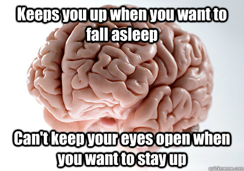 Keeps you up when you want to fall asleep Can't keep your eyes open when you want to stay up  Scumbag Brain