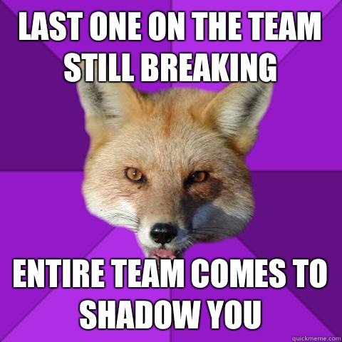 Last one on the team still breaking Entire team comes to shadow you  Forensics Fox