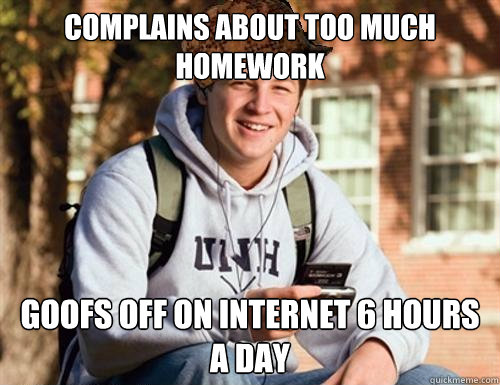 complains about too much homework goofs off on internet 6 hours a day  College Freshman