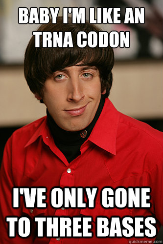baby i'm like an trna codon i've only gone to three bases - baby i'm like an trna codon i've only gone to three bases  Howard Wolowitz