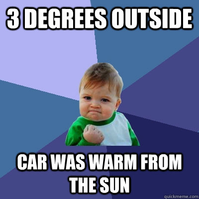 3 degrees outside car was warm from the sun  Success Kid