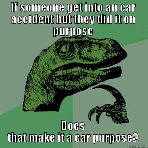 IF SOMEONE GET INTO AN CAR ACCIDENT BUT THEY DID IT ON PURPOSE DOES THAT MAKE IT A CAR PURPOSE? Philosoraptor