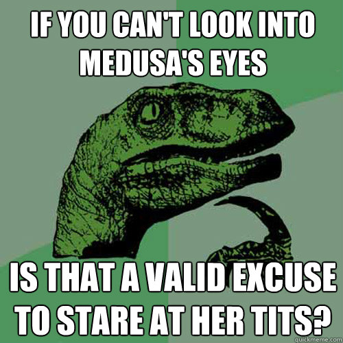 if you can't look into medusa's eyes is that a valid excuse to stare at her tits?  Philosoraptor