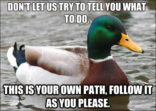 Don't let us try to tell you what to do. This is your own path, follow it as you please.  Actual Advice Mallard