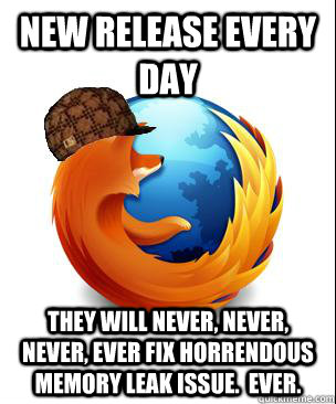 New release every day They will never, never, never, ever fix horrendous memory leak issue.  EVER.  Scumbag Firefox