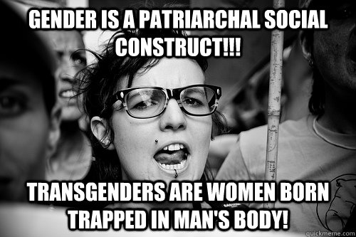 gender is a patriarchal social construct!!! transgenders are women born trapped in man's body!  Hypocrite Feminist