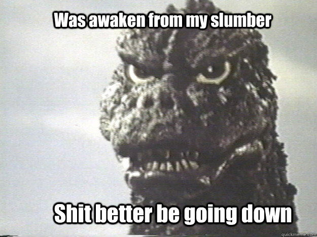 Was awaken from my slumber Shit better be going down - Was awaken from my slumber Shit better be going down  Godzilla