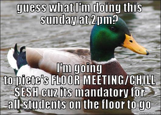 GUESS WHAT I'M DOING THIS SUNDAY AT 2PM? I'M GOING TO PIETE'S FLOOR MEETING/CHILL SESH CUZ ITS MANDATORY FOR ALL STUDENTS ON THE FLOOR TO GO Actual Advice Mallard