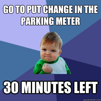 go to put change in the parking meter 30 minutes left  Success Kid