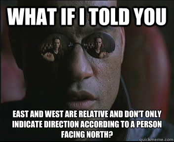 What if I told you East and West are relative and don't only indicate direction according to a person facing north?  Morpheus SC