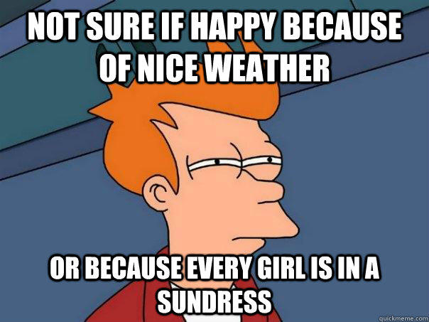NOT SURE IF happy because of nice weather OR because every girl is in a sundress - NOT SURE IF happy because of nice weather OR because every girl is in a sundress  Futurama Fry