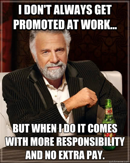 I don't always get promoted at work... but when I do it comes with more responsibility and no extra pay. - I don't always get promoted at work... but when I do it comes with more responsibility and no extra pay.  The Most Interesting Man In The World