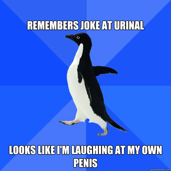 Remembers joke at urinal looks like I'm laughing at my own penis  Socially Awkward Penguin