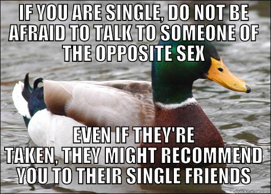 Best Advice for All The Singles Out There - IF YOU ARE SINGLE, DO NOT BE AFRAID TO TALK TO SOMEONE OF THE OPPOSITE SEX EVEN IF THEY'RE TAKEN, THEY MIGHT RECOMMEND YOU TO THEIR SINGLE FRIENDS Actual Advice Mallard
