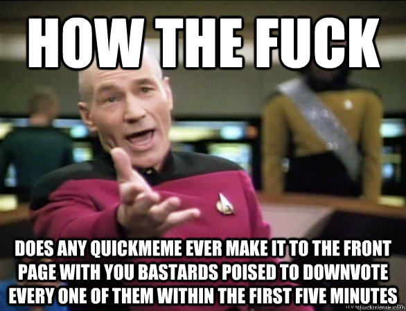 HOW THE FUCK DOES ANY QUICKMEME EVER MAKE IT TO THE FRONT PAGE WITH YOU BASTARDS POISED TO DOWNVOTE EVERY ONE OF THEM WITHIN THE FIRST FIVE MINUTES  Annoyed Picard HD