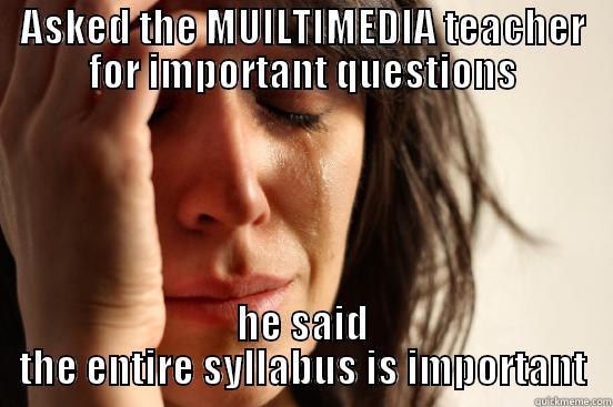 ASKED THE MUILTIMEDIA TEACHER FOR IMPORTANT QUESTIONS HE SAID THE ENTIRE SYLLABUS IS IMPORTANT First World Problems