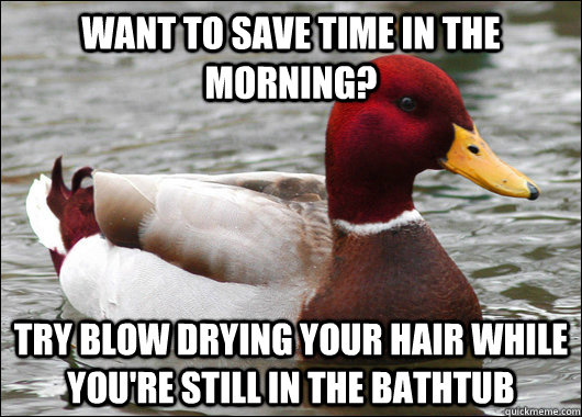 want to save time in the morning? try blow drying your hair while you're still in the bathtub  Malicious Advice Mallard
