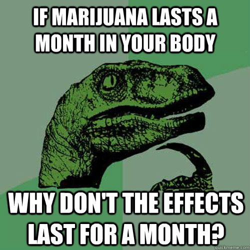if marijuana lasts a month in your body why don't the effects last for a month?  Philosoraptor