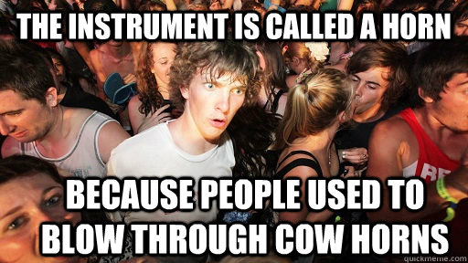 the instrument is called a horn because people used to blow through cow horns  Sudden Clarity Clarence