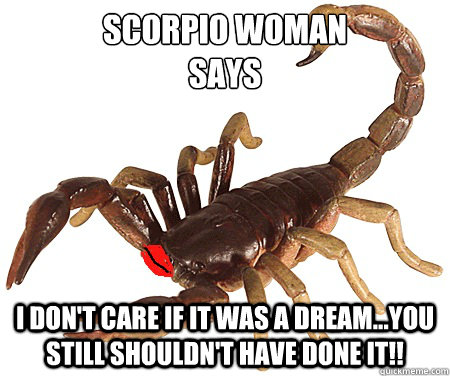 Scorpio Woman
says I don't care if it was a dream...you still shouldn't have done it!!  Scorpio Woman