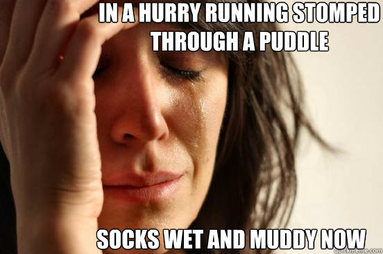 In a hurry running stomped through a puddle Socks wet and muddy now  First World Problems
