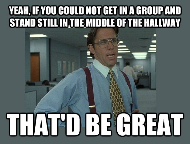 YEAH, IF YOU COULD NOT GET IN A GROUP AND STAND STILL IN THE MIDDLE OF THE HALLWAY THAT'D BE GREAT - YEAH, IF YOU COULD NOT GET IN A GROUP AND STAND STILL IN THE MIDDLE OF THE HALLWAY THAT'D BE GREAT  untitled meme