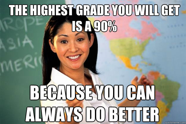 The Highest grade you will get is a 90% Because you can always do better  Unhelpful High School Teacher