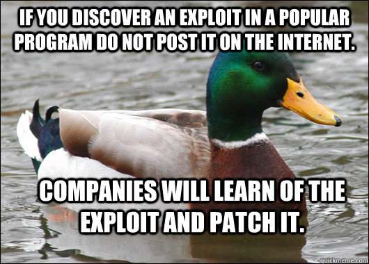 If you discover an exploit in a popular program do not post it on the internet. Companies will learn of the exploit and patch it.  Actual Advice Mallard