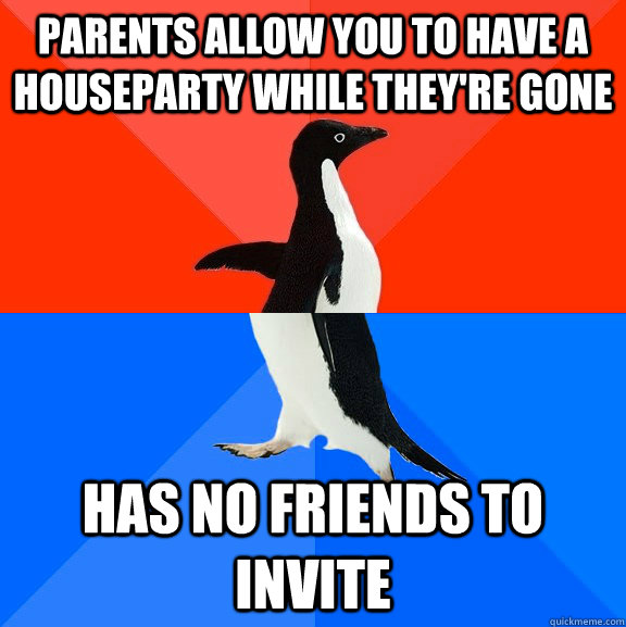 Parents allow you to have a houseparty while they're gone Has no friends to invite  Socially Awesome Awkward Penguin