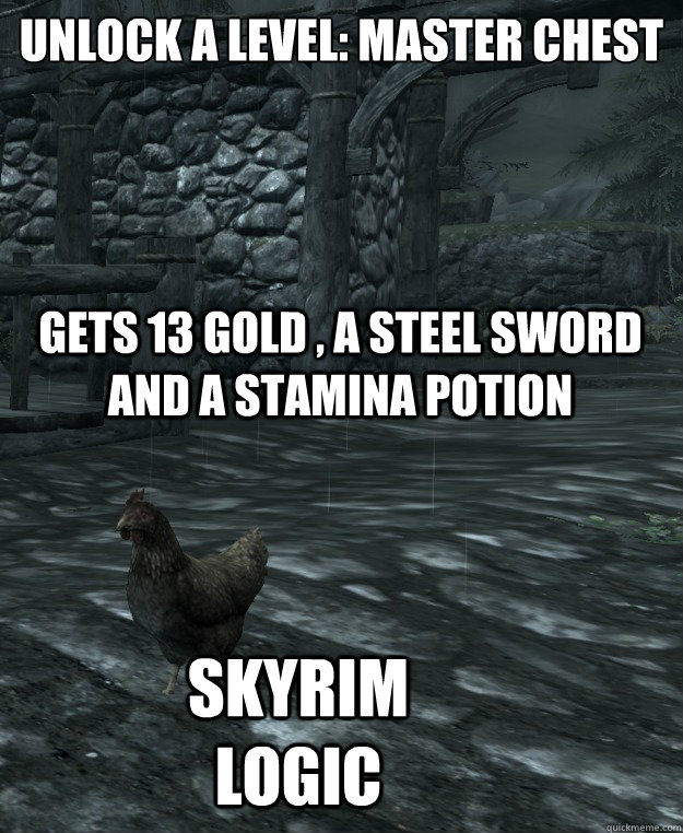 unlock a level: master chest

 gets 13 gold , a steel sword and a stamina potion Skyrim logic  Skyrim Logic