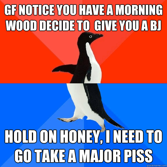 Gf notice you have a morning wood decide to  give you a BJ Hold on Honey, I need to go take a major piss  Socially Awesome Awkward Penguin